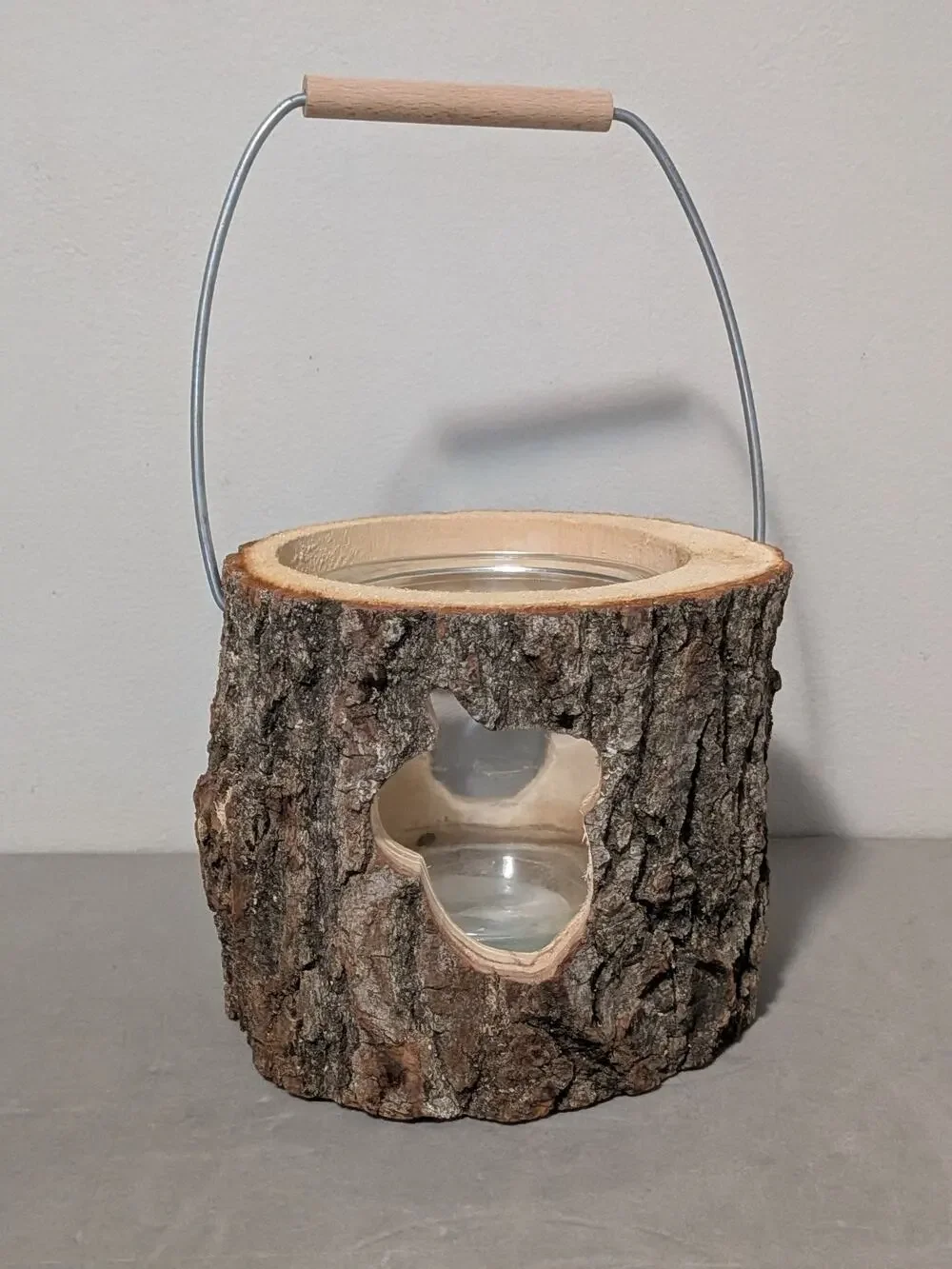 Rustic Tree Bark Log Candle Holder Lantern with Acorn Cutout & Glass Insert